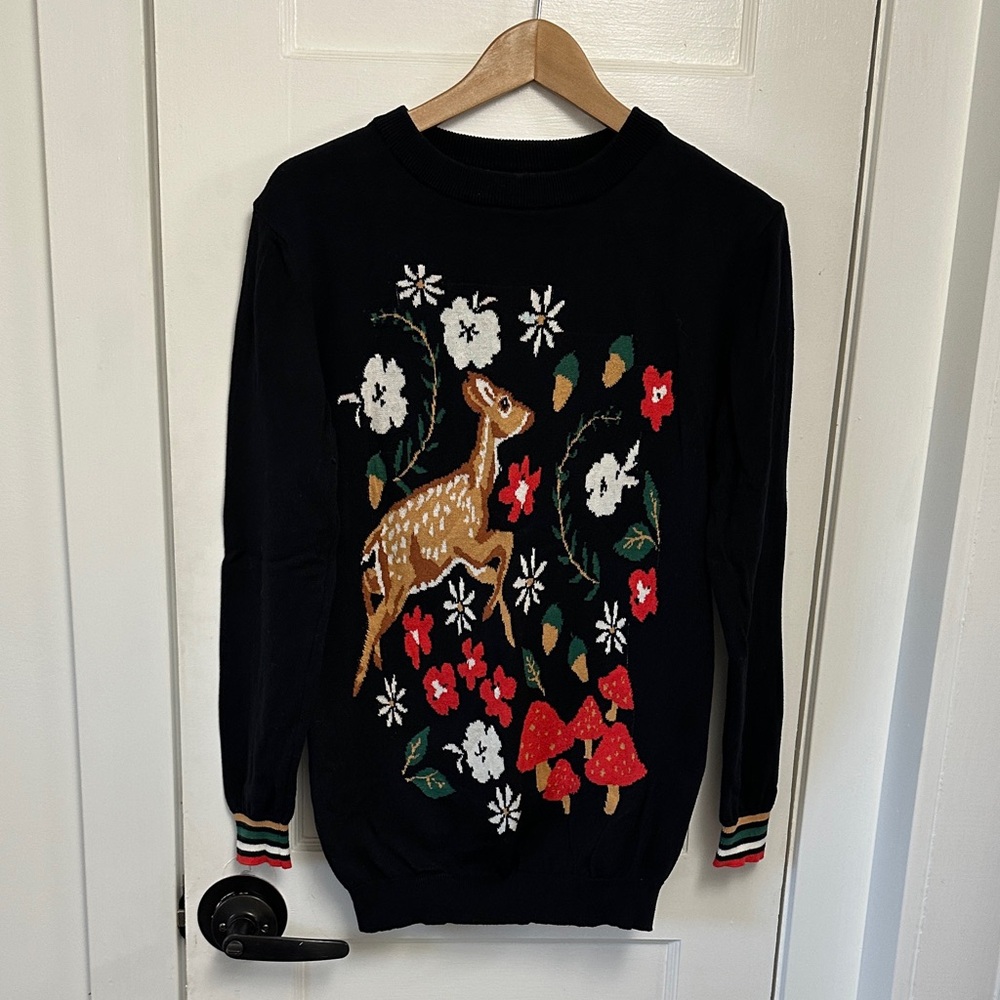 Elegant Black Sweater with Deer and Floral Motif
